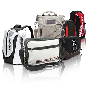Various backpacks and bags with motorcycle logos such as Ducati, Büse and Moto Guzzi.